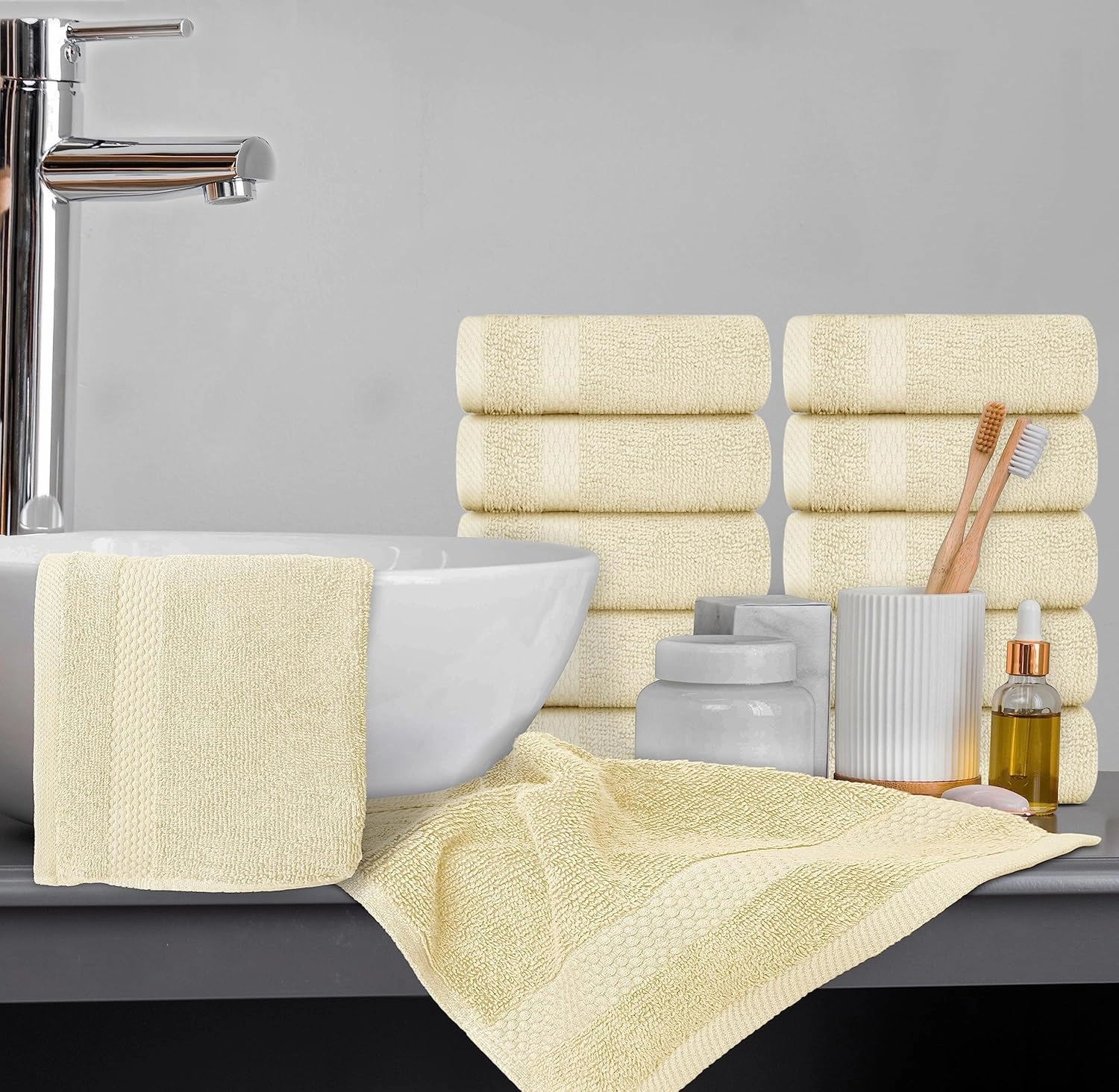 White Classic Luxury Cotton Washcloths - Large Hotel Spa Bathroom Face Towel | 12 Pack | Beige
