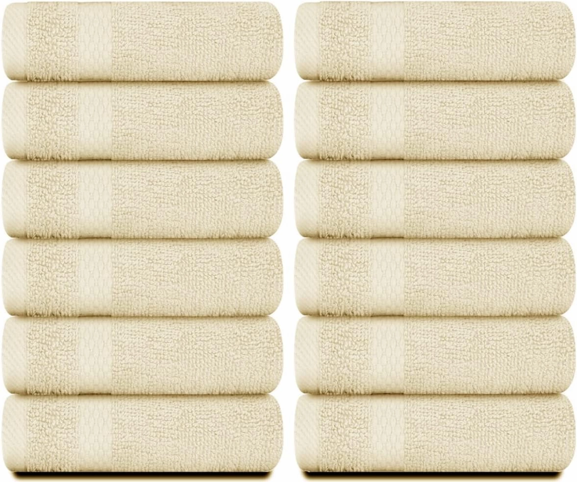 White Classic Luxury Cotton Washcloths - Large Hotel Spa Bathroom Face Towel | 12 Pack | Beige