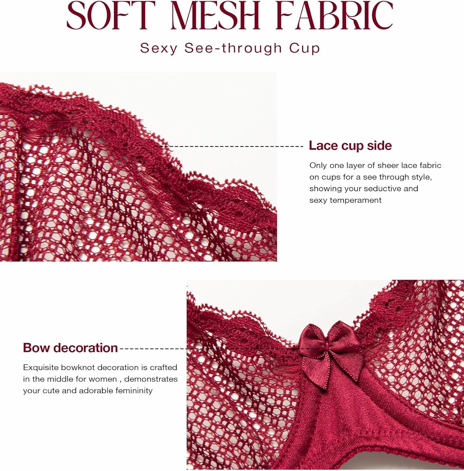 Wingslove Women's See Through Lace Balconette Sexy Unlined Demi Cup Underwire Non-Padded Lingerie