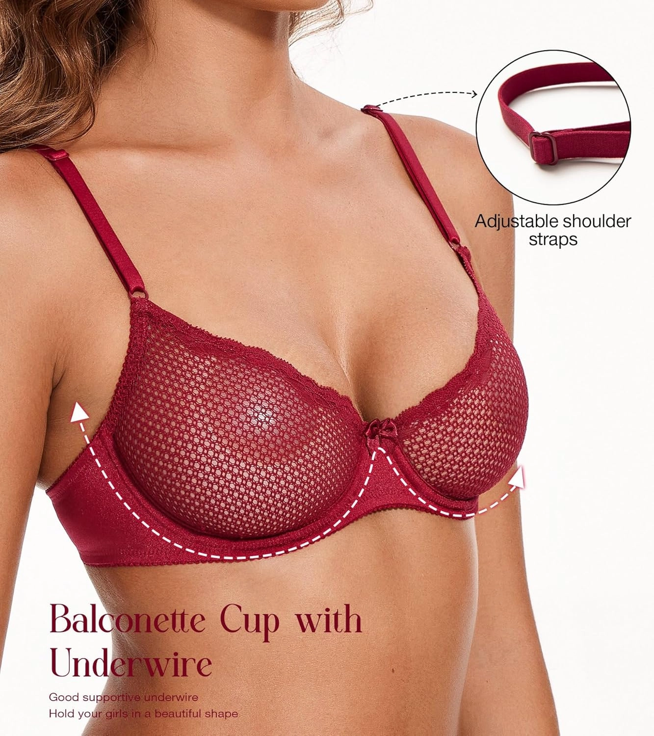 Wingslove Women's See Through Lace Balconette Sexy Unlined Demi Cup Underwire Non-Padded Lingerie