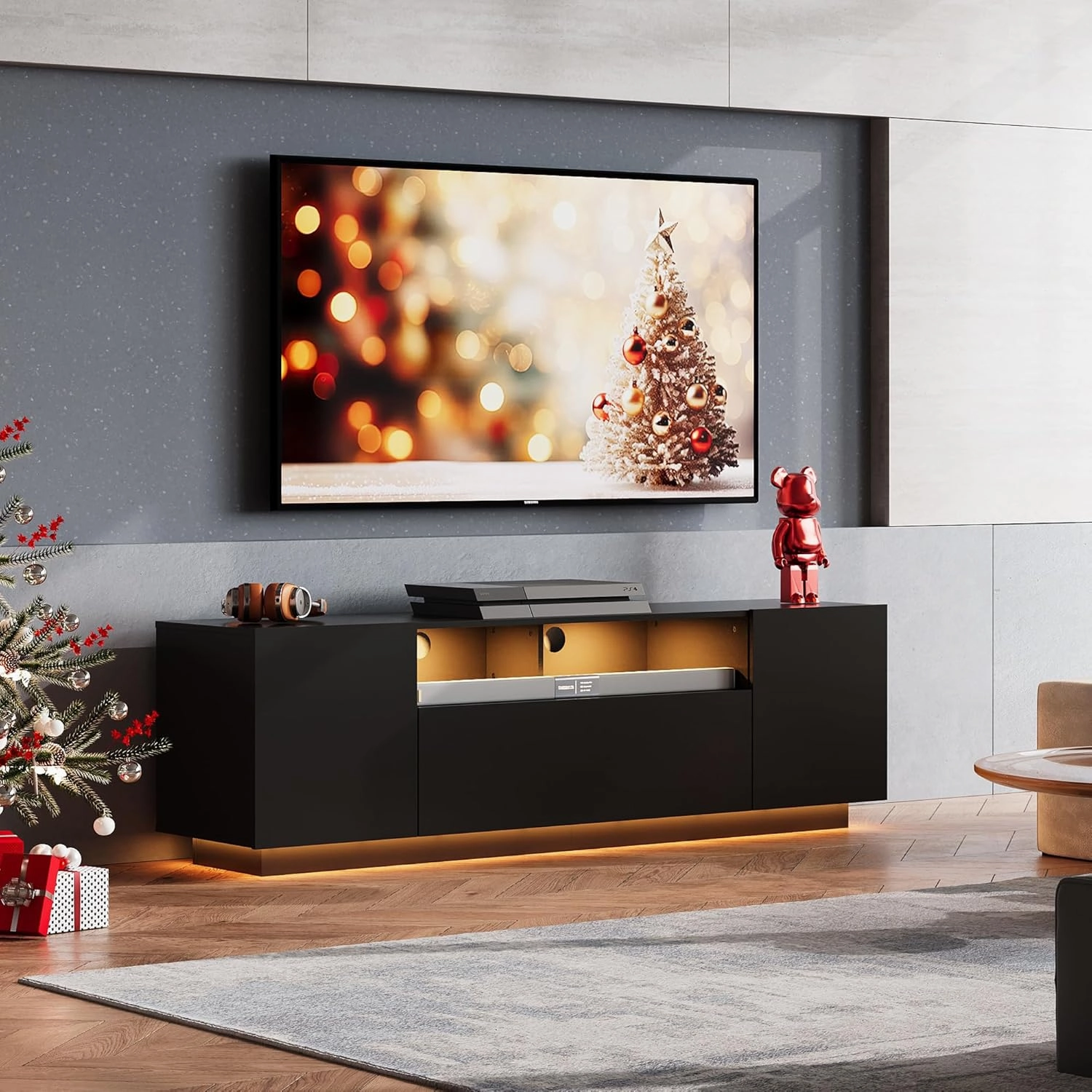 WLIVE TV Stand for 65 Inch TV, Modern Entertainment Center with LED, 58" TV Console with Storage Cabinet, TV Stands for Living Room, Black
