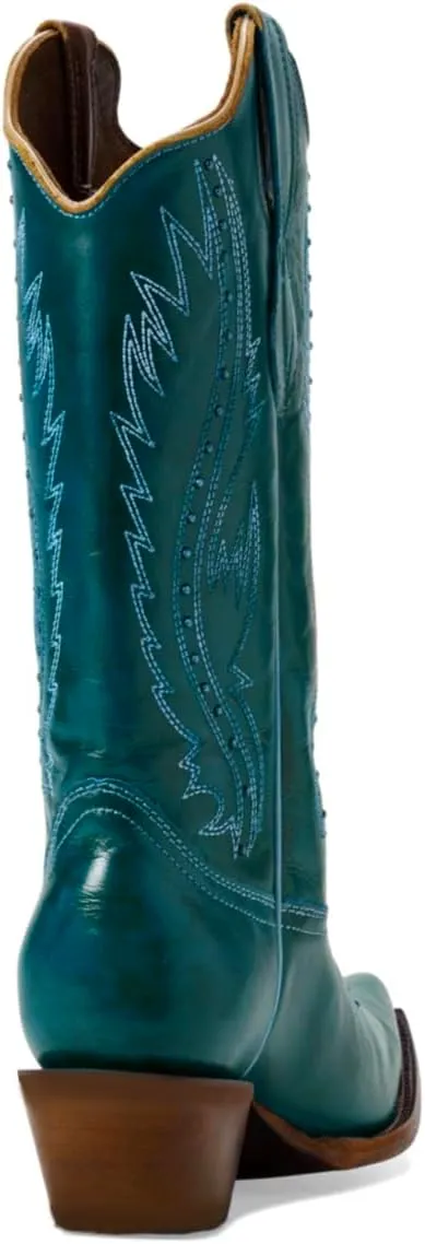 Women Vintage Embroidered Cowboy Boots Knee High Western Boots Chunky Stacked Heel Pointed Square Toe Mid Calf Cowgirl Boots Metallic Matte Pull On V Cut Fall Boot Exotic 4-11 M US