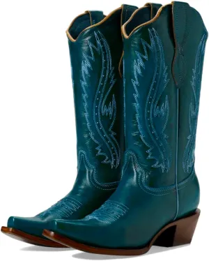 Women Vintage Embroidered Cowboy Boots Knee High Western Boots Chunky Stacked Heel Pointed Square Toe Mid Calf Cowgirl Boots Metallic Matte Pull On V Cut Fall Boot Exotic 4-11 M US