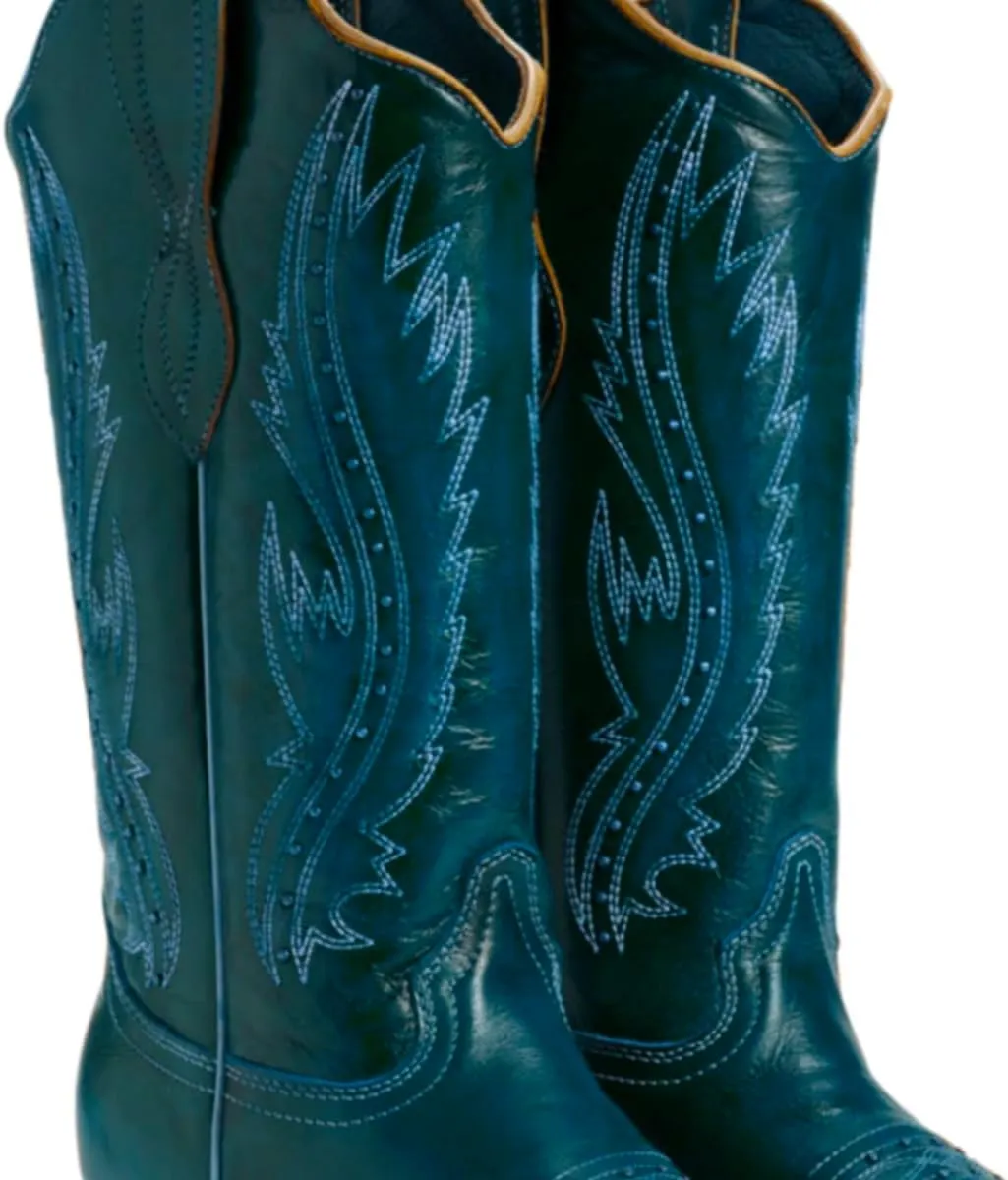 Women Vintage Embroidered Cowboy Boots Knee High Western Boots Chunky Stacked Heel Pointed Square Toe Mid Calf Cowgirl Boots Metallic Matte Pull On V Cut Fall Boot Exotic 4-11 M US