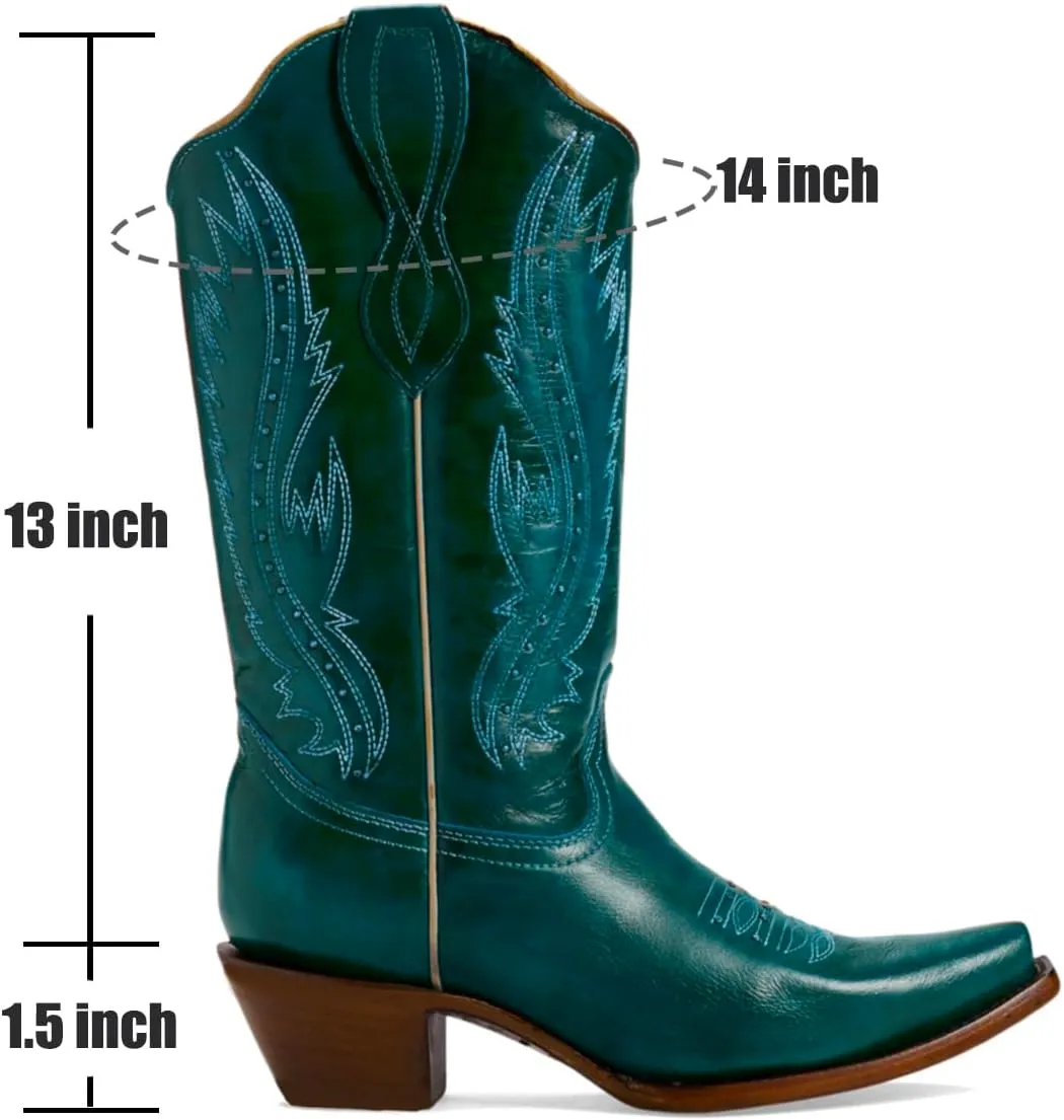 Women Vintage Embroidered Cowboy Boots Knee High Western Boots Chunky Stacked Heel Pointed Square Toe Mid Calf Cowgirl Boots Metallic Matte Pull On V Cut Fall Boot Exotic 4-11 M US