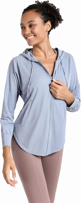 Women Long Sleeve UV Protection Loose Yoga Jacket Comfy Zipper Hoodied Jogging Jacket