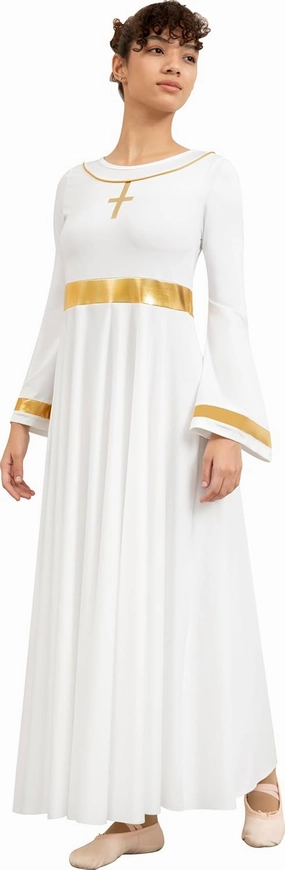 Women Metallic Cross Praise Dance Dress Liturgical Long Sleeve Worship Costume