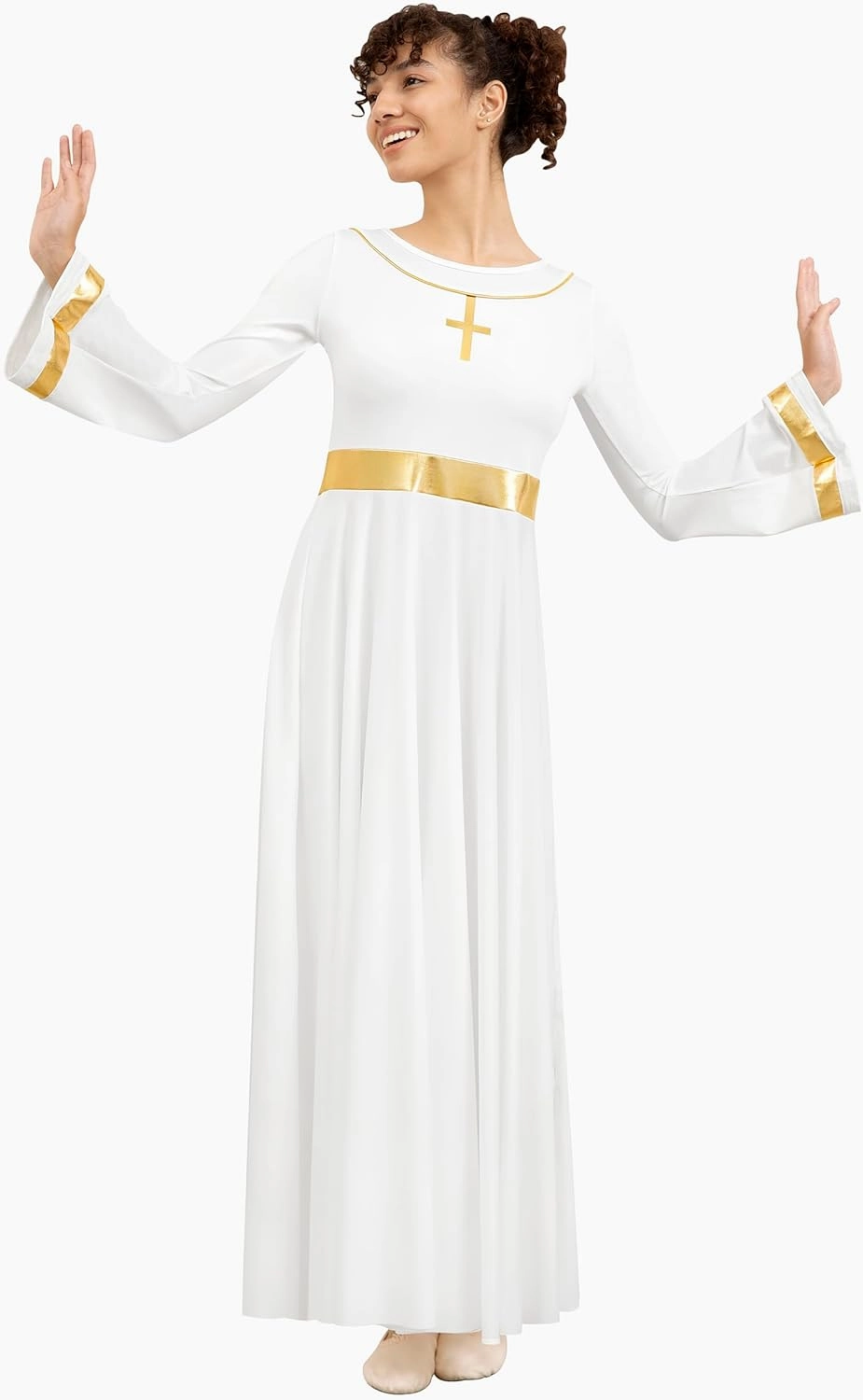 Women Metallic Cross Praise Dance Dress Liturgical Long Sleeve Worship Costume