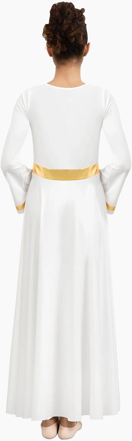 Women Metallic Cross Praise Dance Dress Liturgical Long Sleeve Worship Costume