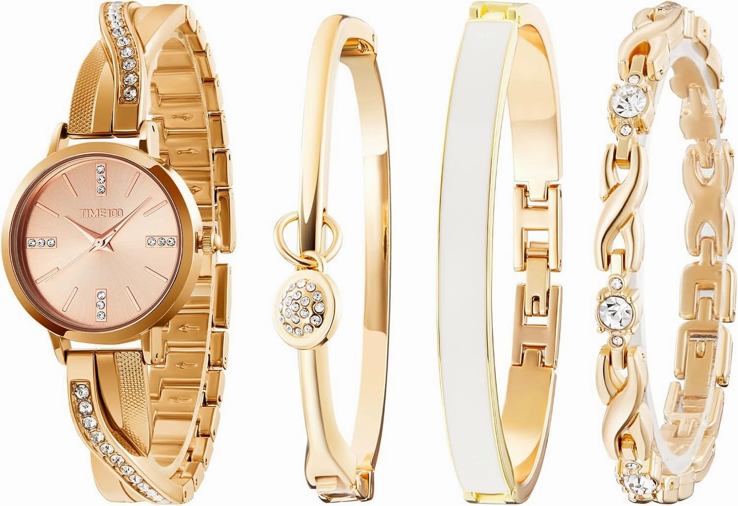 Women's Bangle Watch and Gold Watch Chain Bracelets Premium Crystal Accented Bracelet Set W50888L