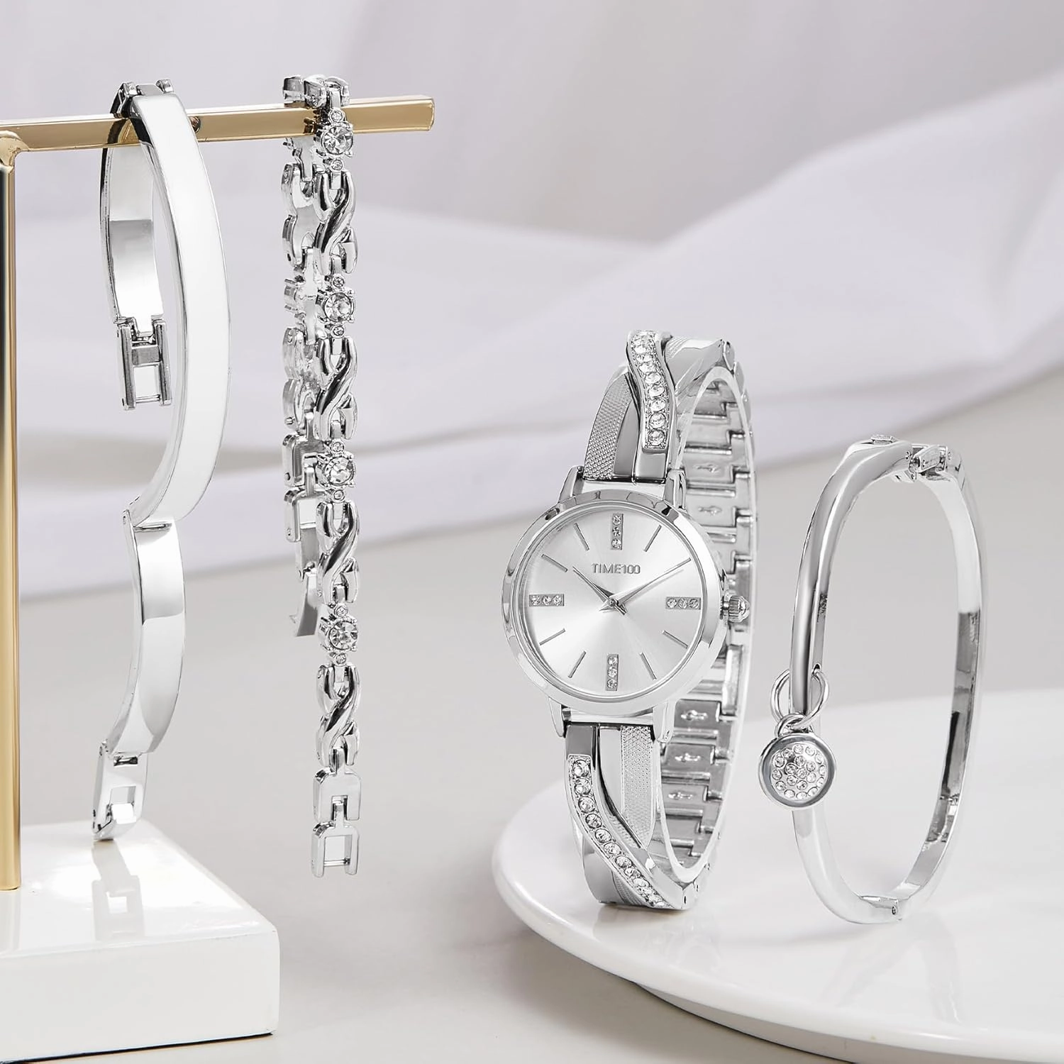 Women's Bangle Watch and Gold Watch Chain Bracelets Premium Crystal Accented Bracelet Set W50888L