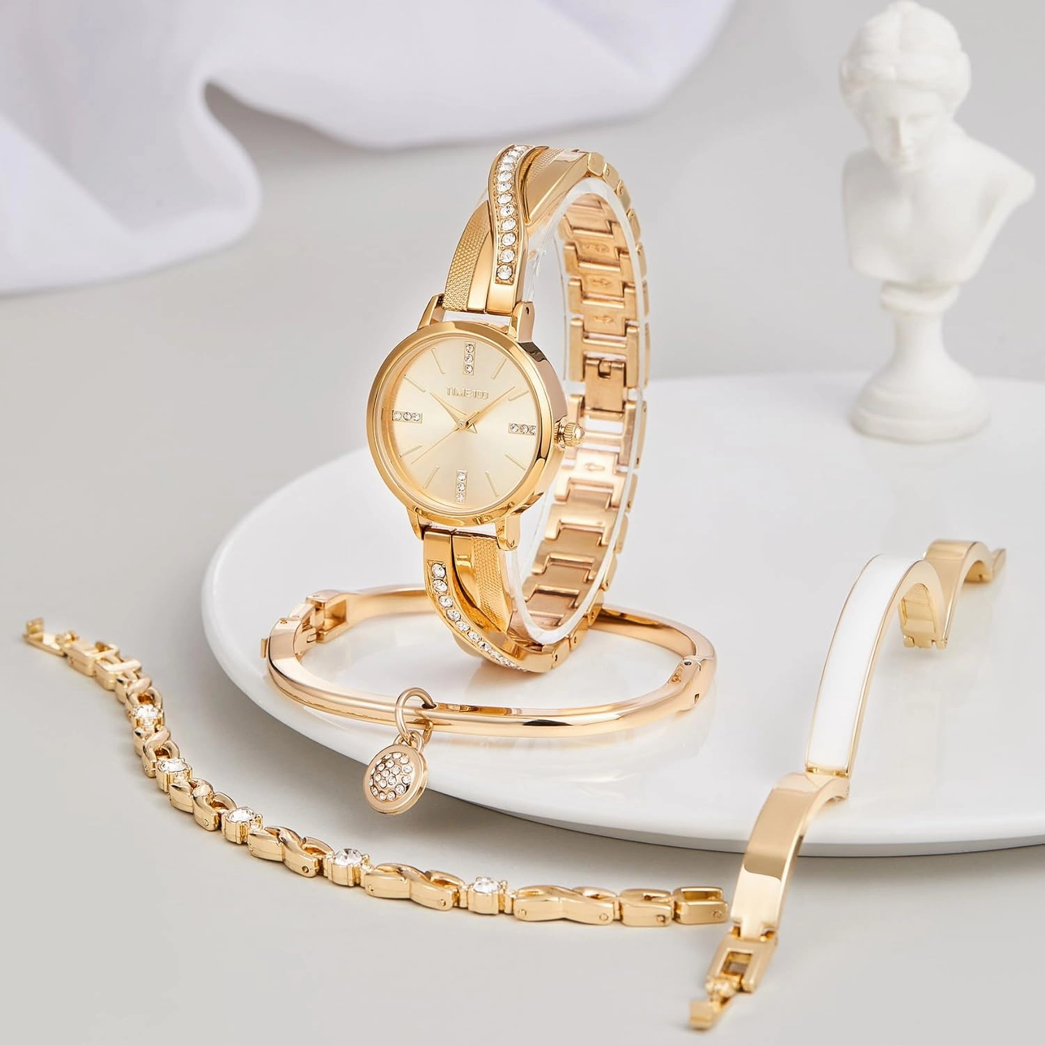 Women's Bangle Watch and Gold Watch Chain Bracelets Premium Crystal Accented Bracelet Set W50888L