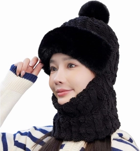 Women's Cycling Windproof Scarf Hat, Integrated Ear Protection Windproof Cap Scarf, 3 in 1 Winter Plush Collar Hat