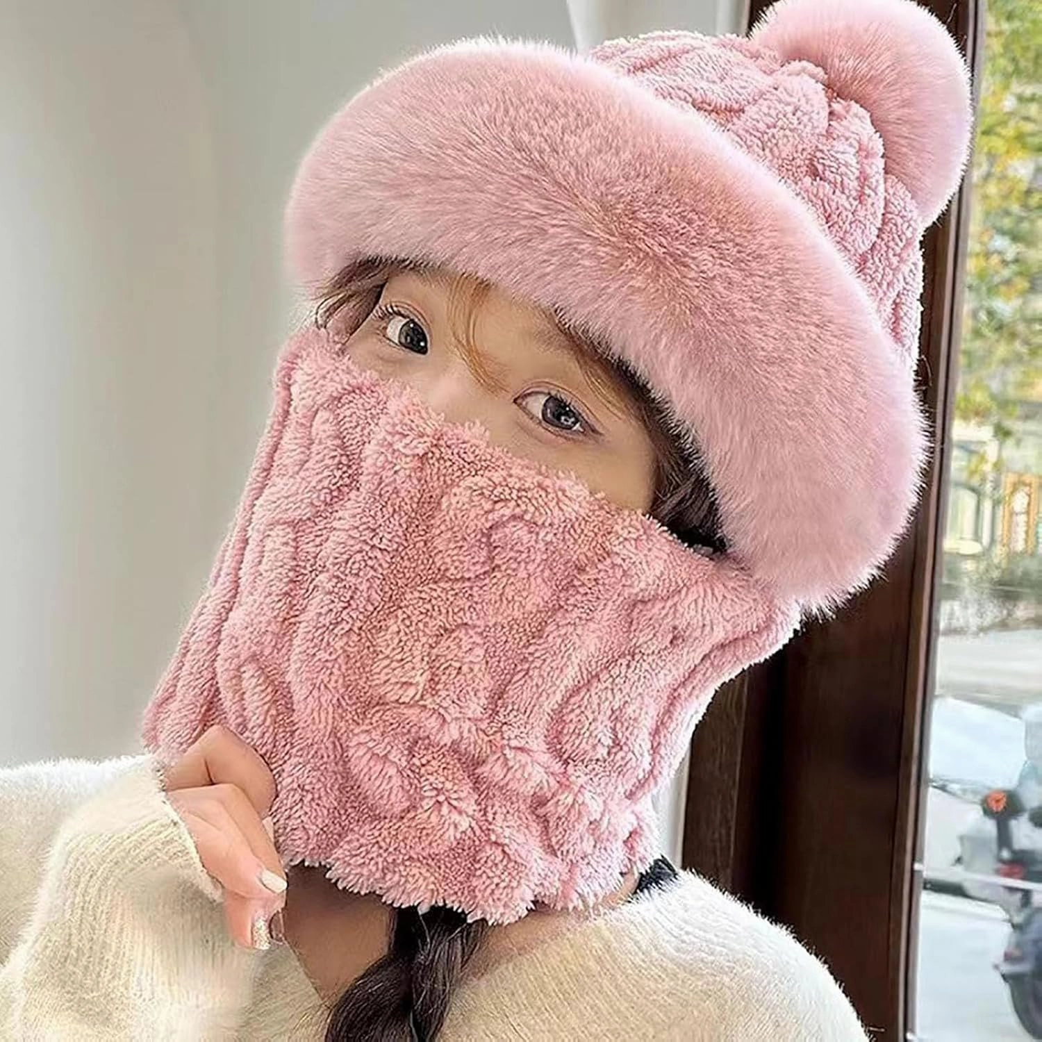 Women's Cycling Windproof Scarf Hat, Integrated Ear Protection Windproof Cap Scarf, 3 in 1 Winter Plush Collar Hat