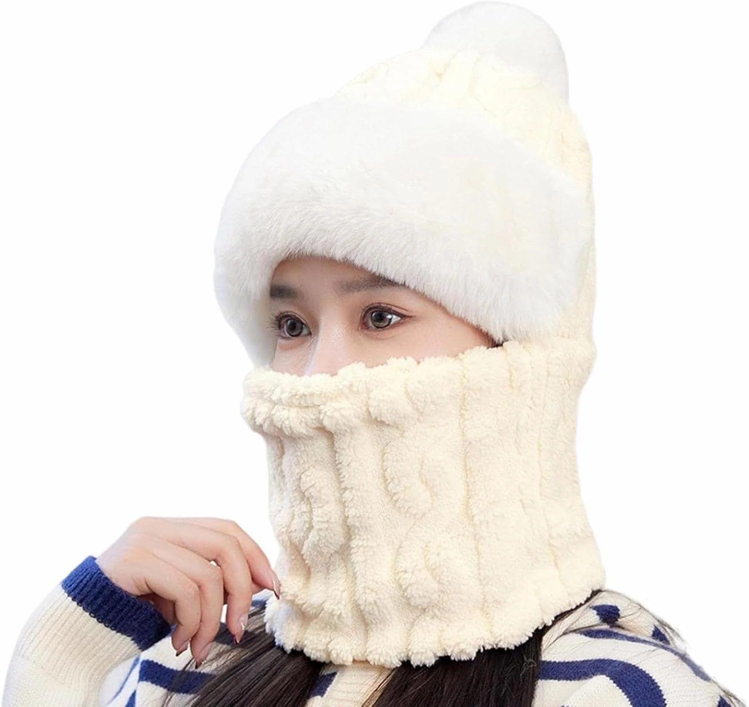 Women's Cycling Windproof Scarf Hat, Integrated Ear Protection Windproof Cap Scarf, 3 in 1 Winter Plush Collar Hat