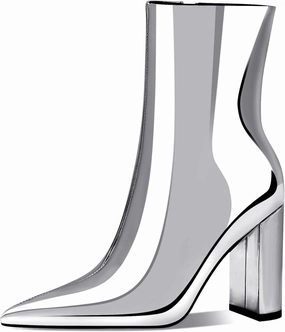 Women's Fashion Silver Chunky Ankle Boots Pointed Toe High Heel Metal Mirror Short Booties