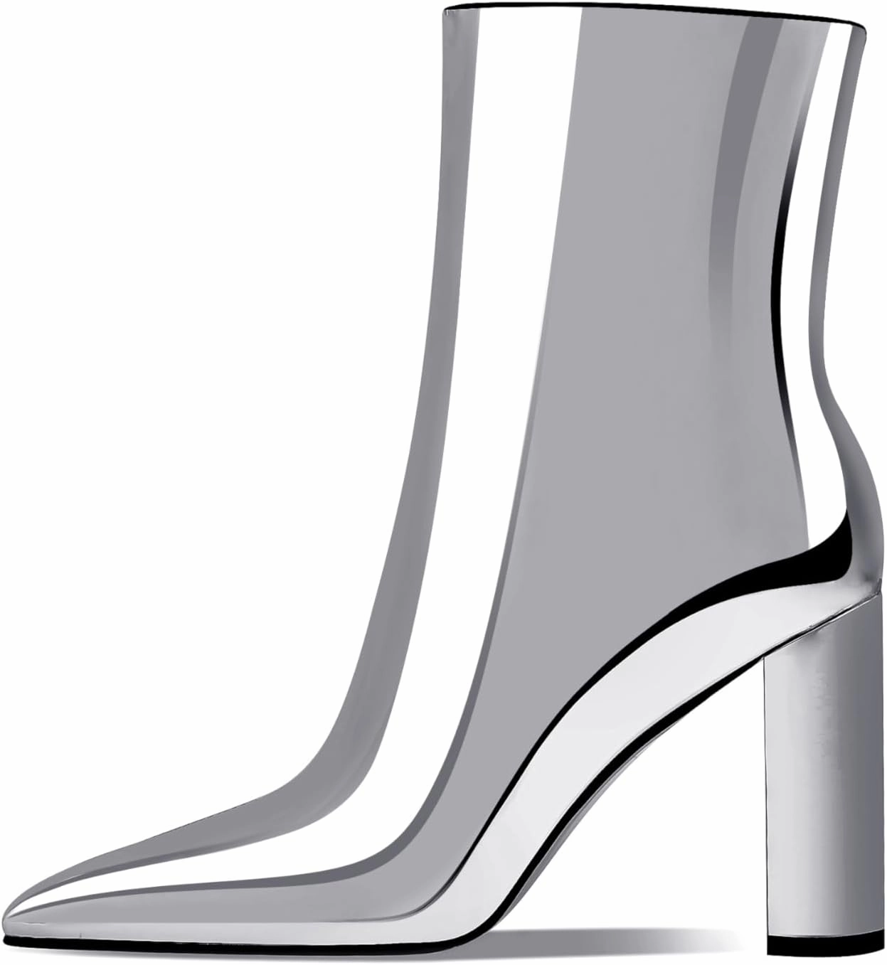 Women's Fashion Silver Chunky Ankle Boots Pointed Toe High Heel Metal Mirror Short Booties