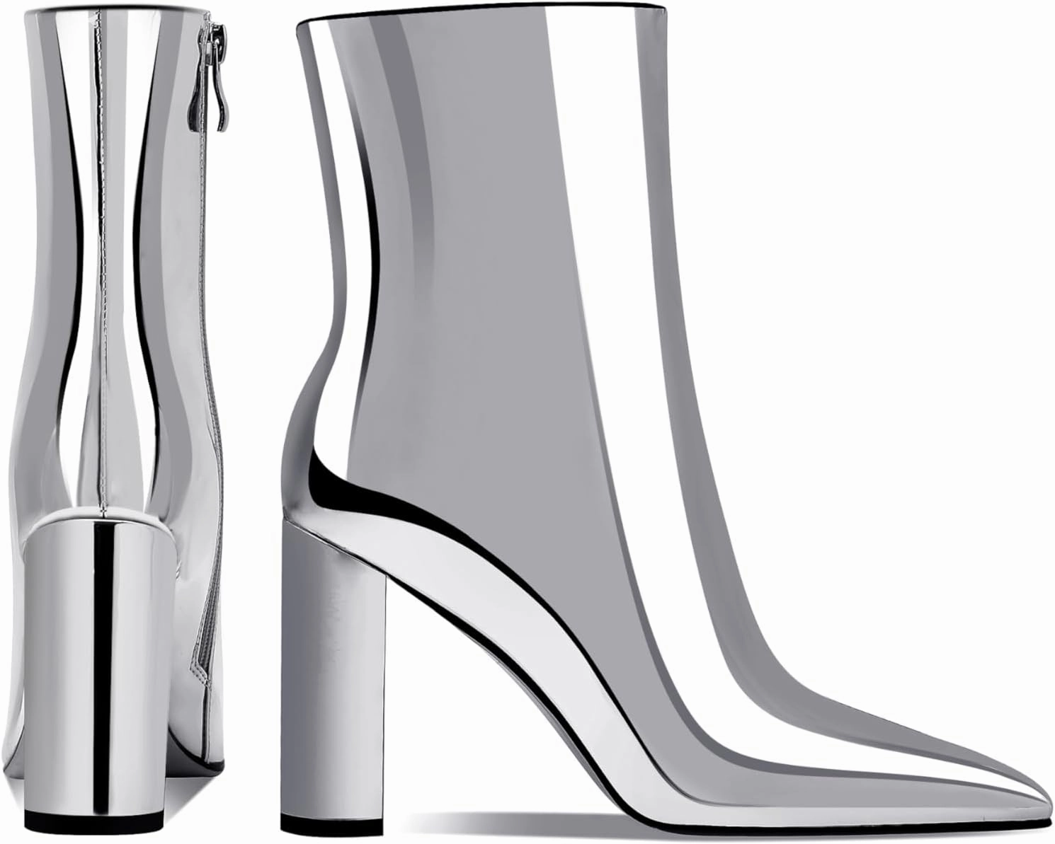 Women's Fashion Silver Chunky Ankle Boots Pointed Toe High Heel Metal Mirror Short Booties