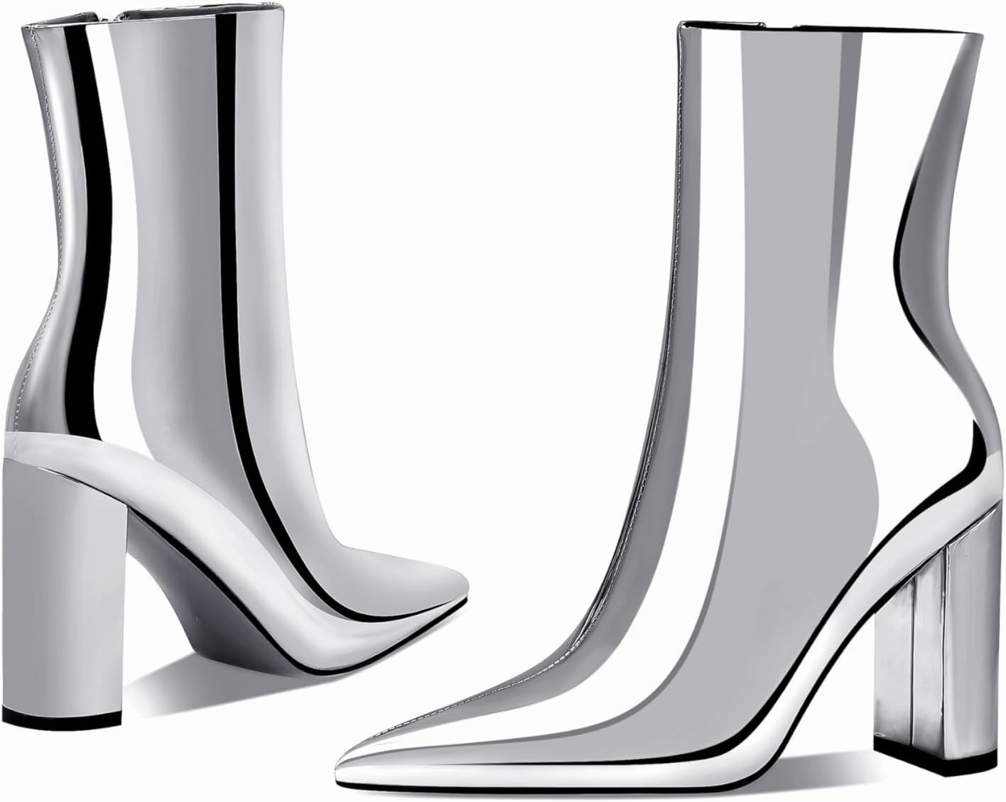 Women's Fashion Silver Chunky Ankle Boots Pointed Toe High Heel Metal Mirror Short Booties