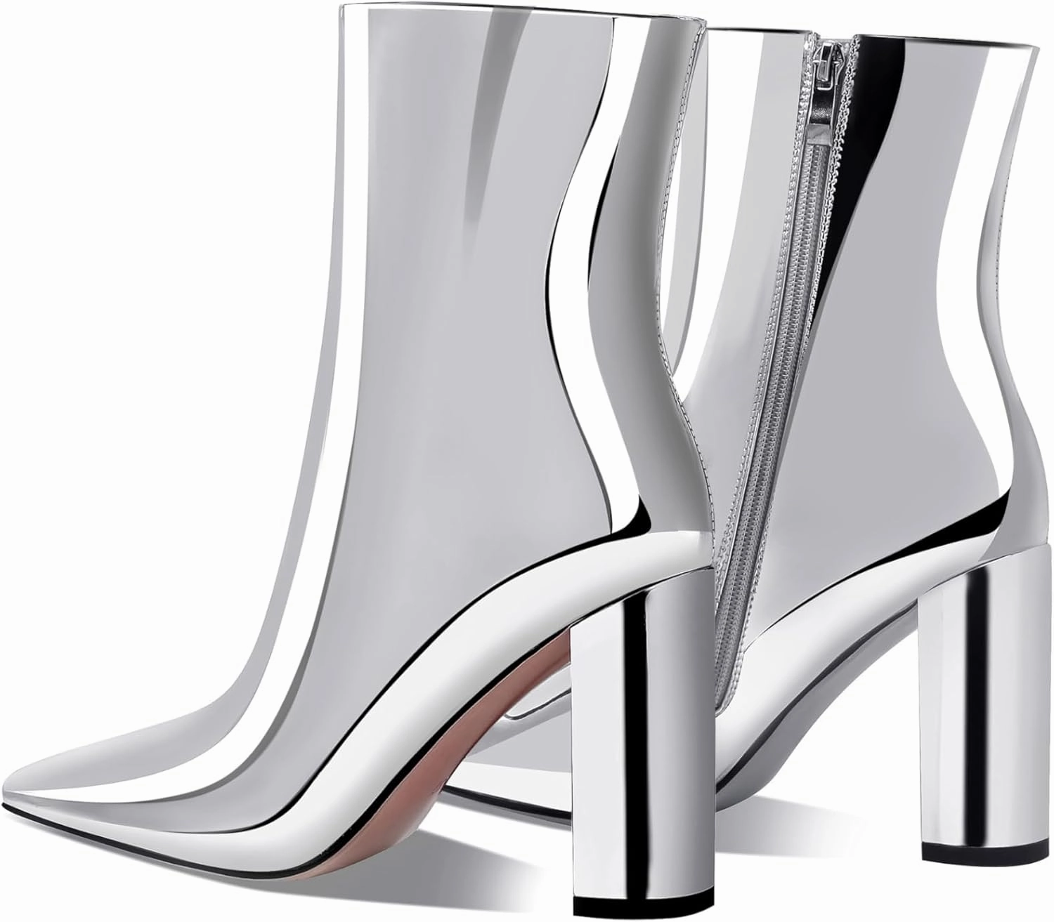 Women's Fashion Silver Chunky Ankle Boots Pointed Toe High Heel Metal Mirror Short Booties