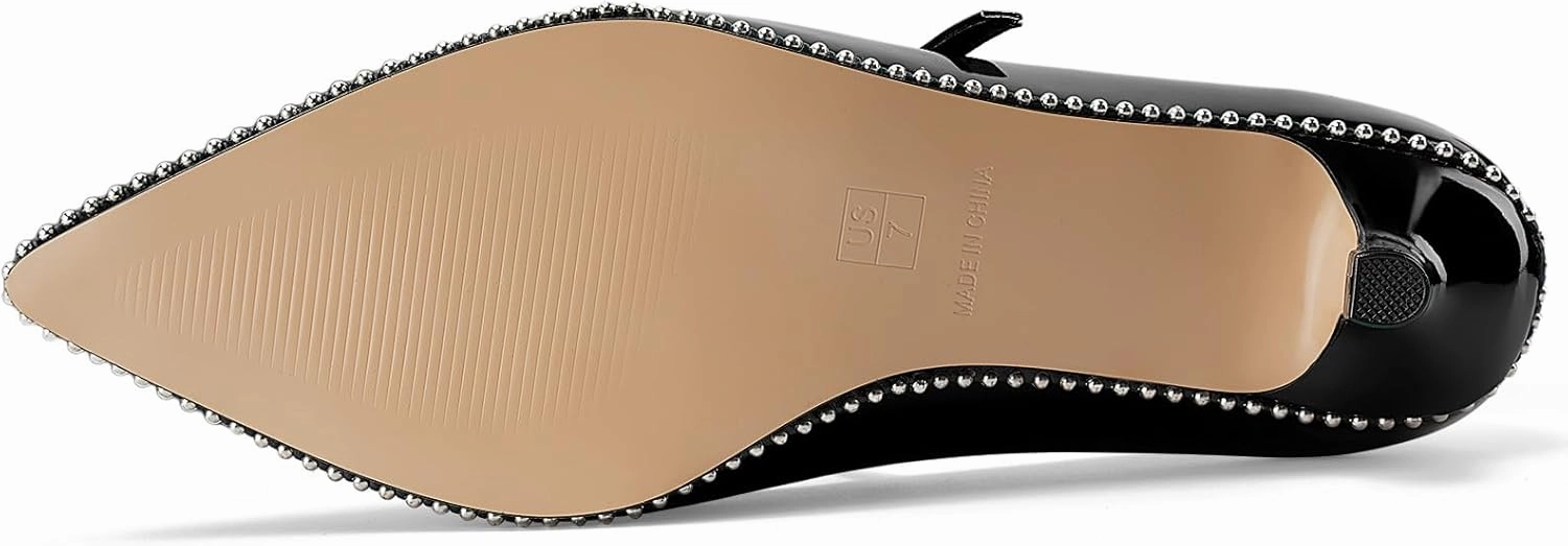 Women's Low Kitten Heels Patent Leather Beaded Pumps Pointed Toe Dressy Mary Jane Heels with Strap Metal Buckle for Ladies Sexy