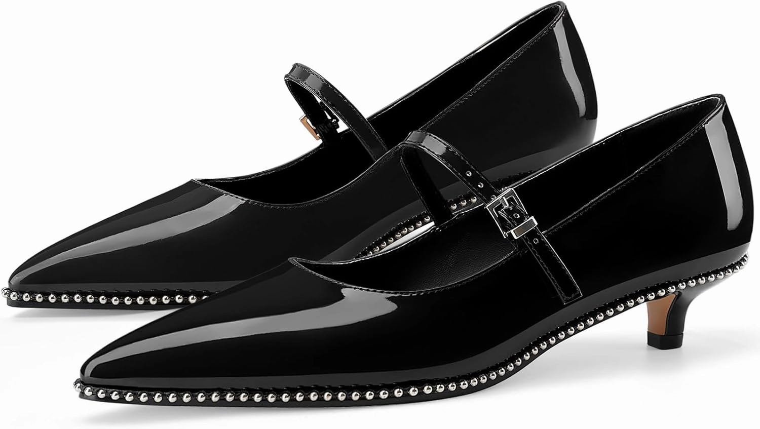 Women's Low Kitten Heels Patent Leather Beaded Pumps Pointed Toe Dressy Mary Jane Heels with Strap Metal Buckle for Ladies Sexy