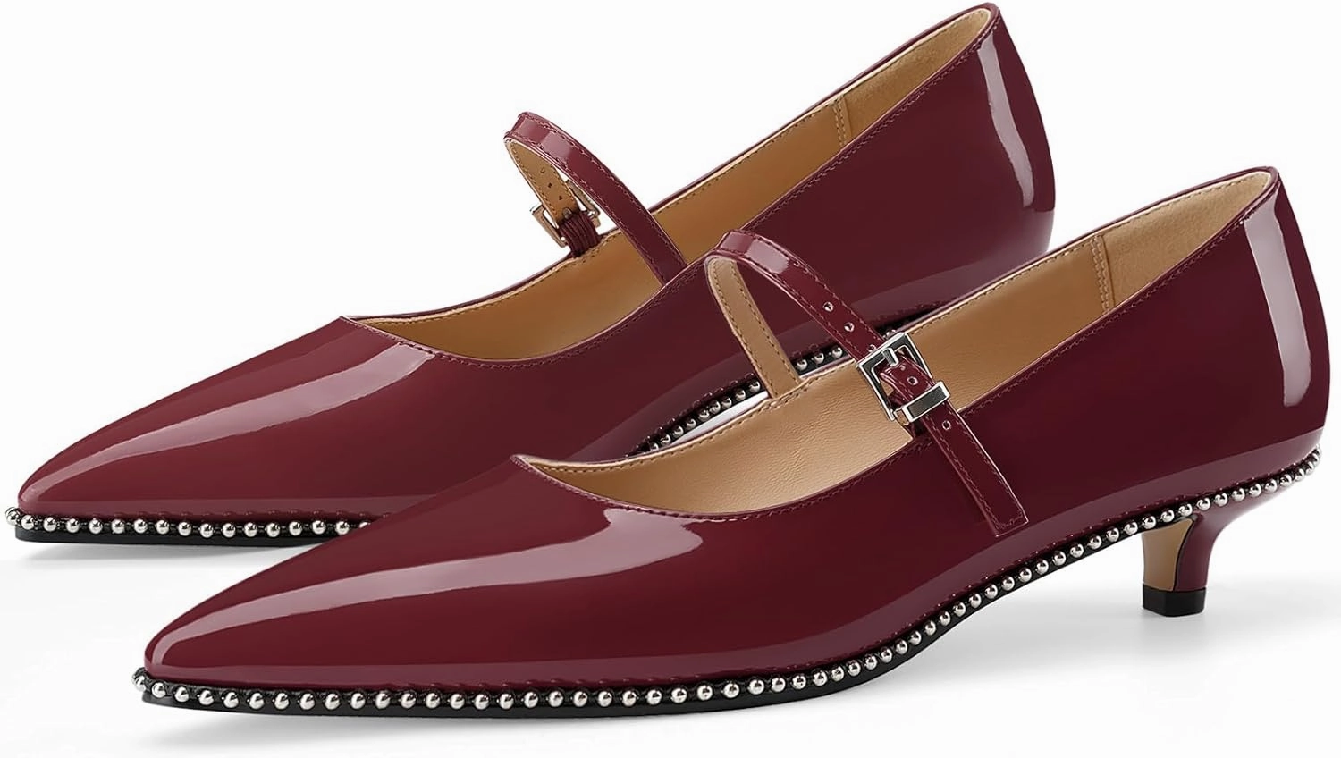 Women's Low Kitten Heels Patent Leather Beaded Pumps Pointed Toe Dressy Mary Jane Heels with Strap Metal Buckle for Ladies Sexy