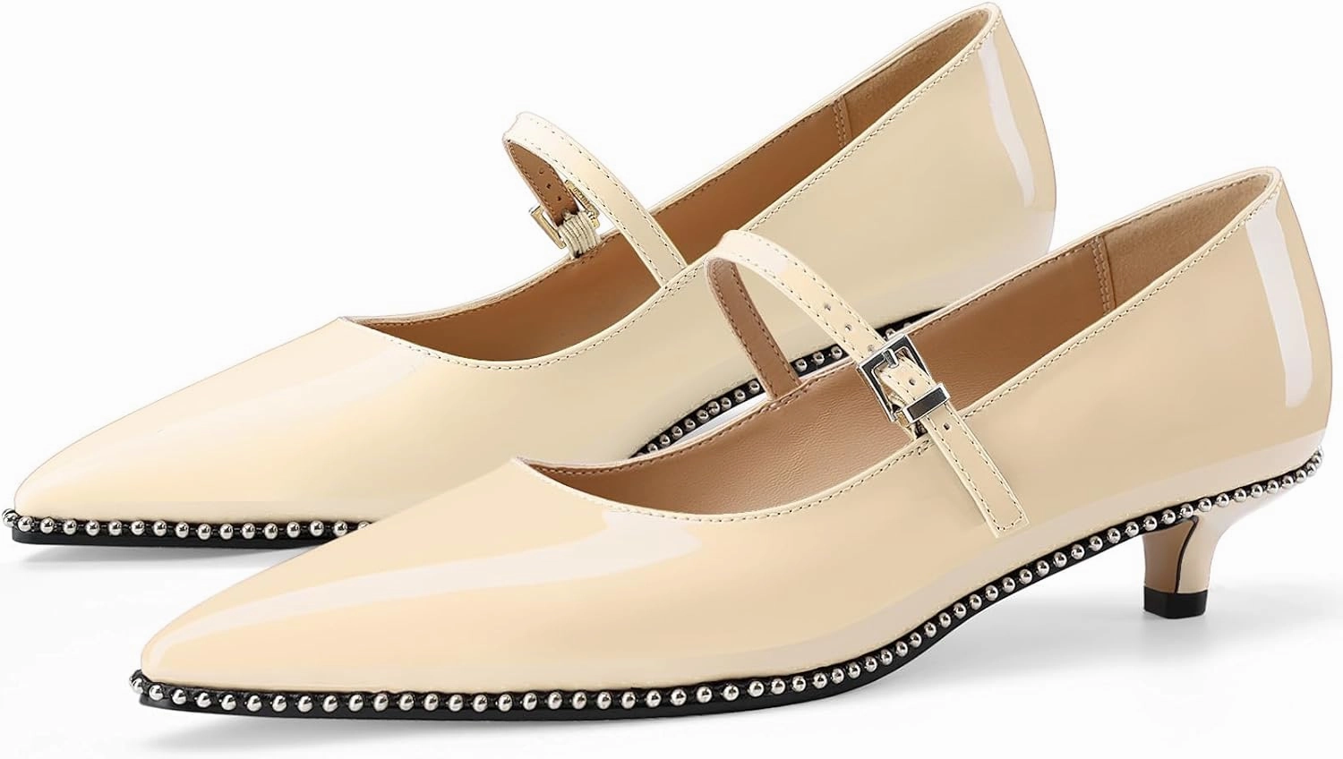 Women's Low Kitten Heels Patent Leather Beaded Pumps Pointed Toe Dressy Mary Jane Heels with Strap Metal Buckle for Ladies Sexy