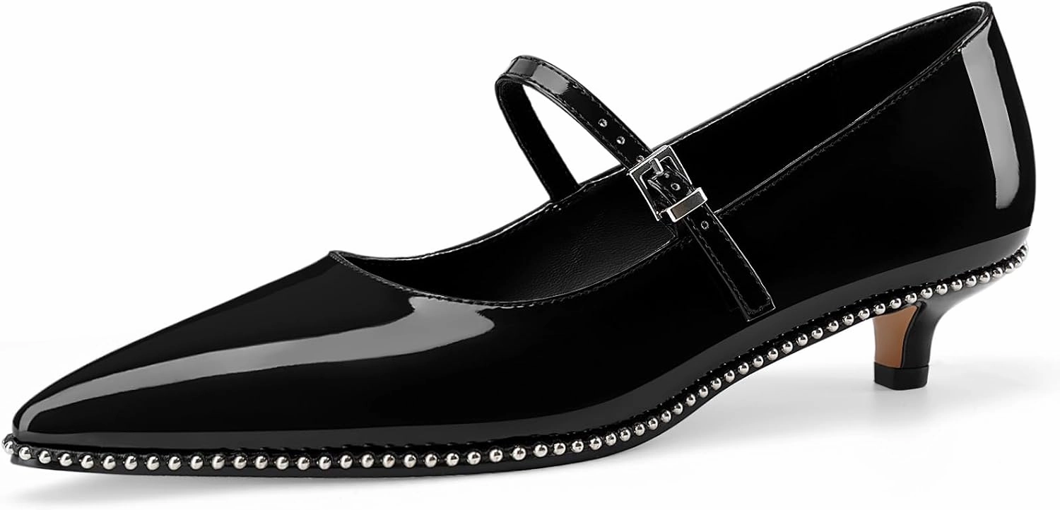 Women's Low Kitten Heels Patent Leather Beaded Pumps Pointed Toe Dressy Mary Jane Heels with Strap Metal Buckle for Ladies Sexy
