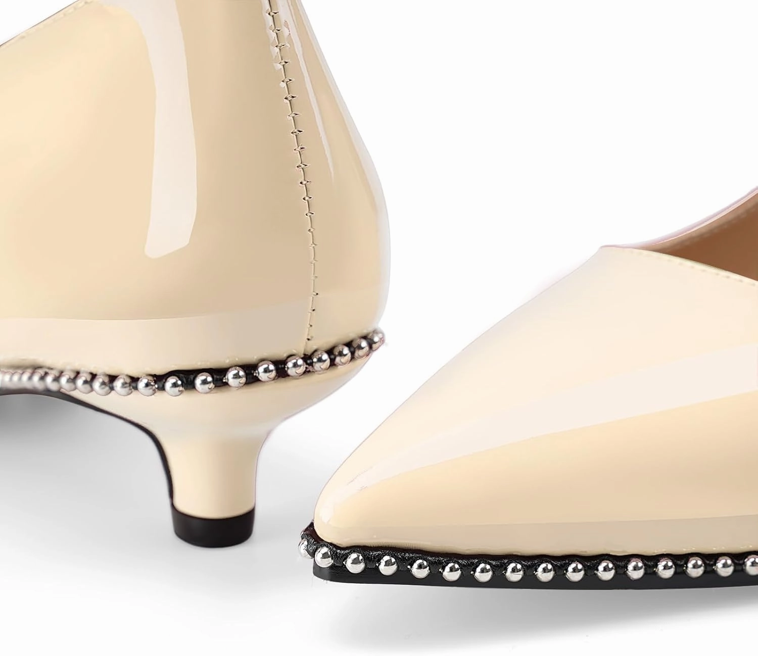 Women's Low Kitten Heels Patent Leather Beaded Pumps Pointed Toe Dressy Mary Jane Heels with Strap Metal Buckle for Ladies Sexy