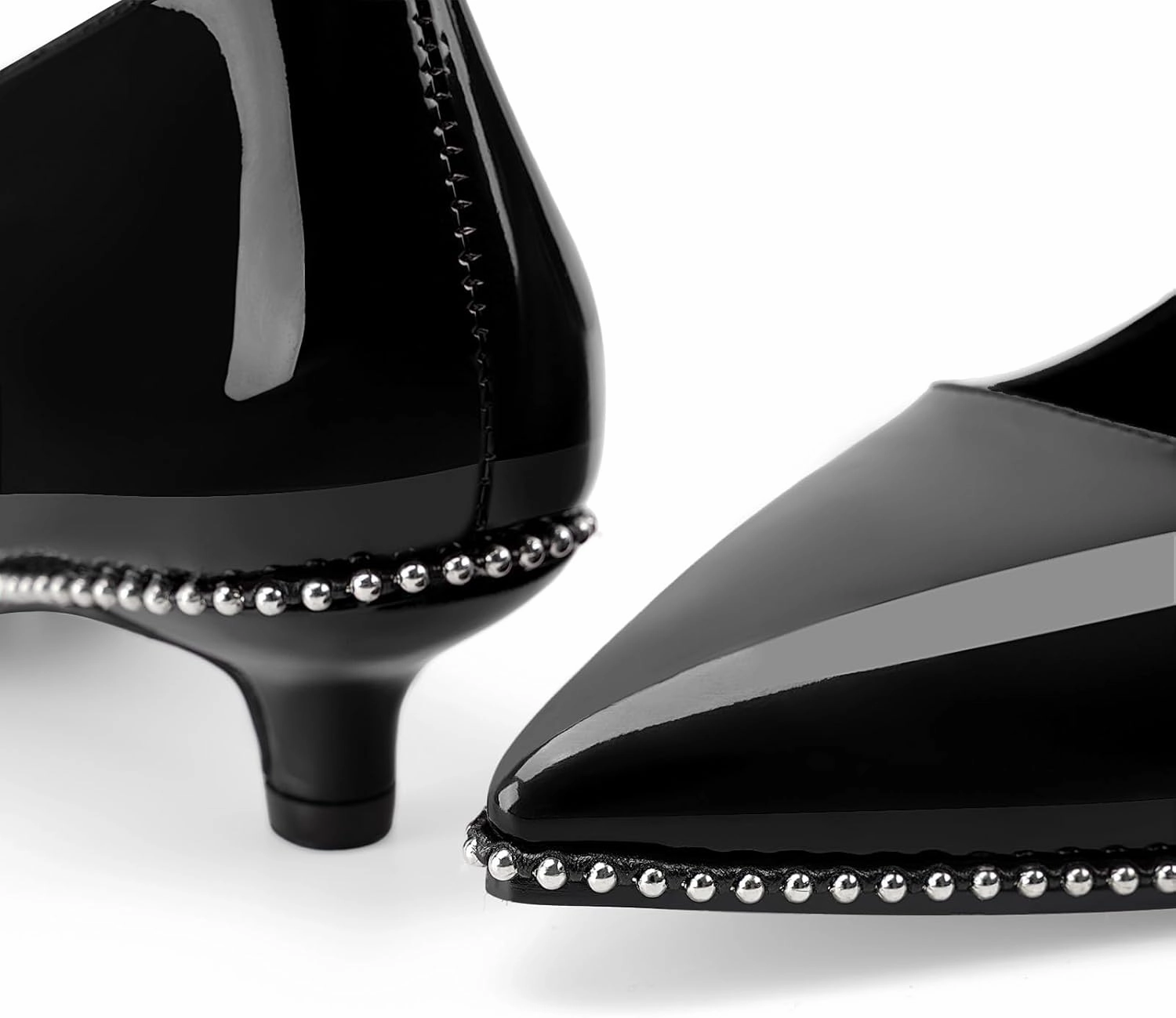 Women's Low Kitten Heels Patent Leather Beaded Pumps Pointed Toe Dressy Mary Jane Heels with Strap Metal Buckle for Ladies Sexy