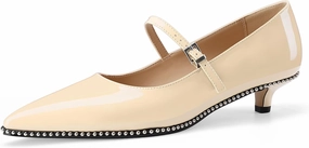 Women's Low Kitten Heels Patent Leather Beaded Pumps Pointed Toe Dressy Mary Jane Heels with Strap Metal Buckle for Ladies Sexy