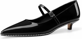 Women's Low Kitten Heels Patent Leather Beaded Pumps Pointed Toe Dressy Mary Jane Heels with Strap Metal Buckle for Ladies Sexy