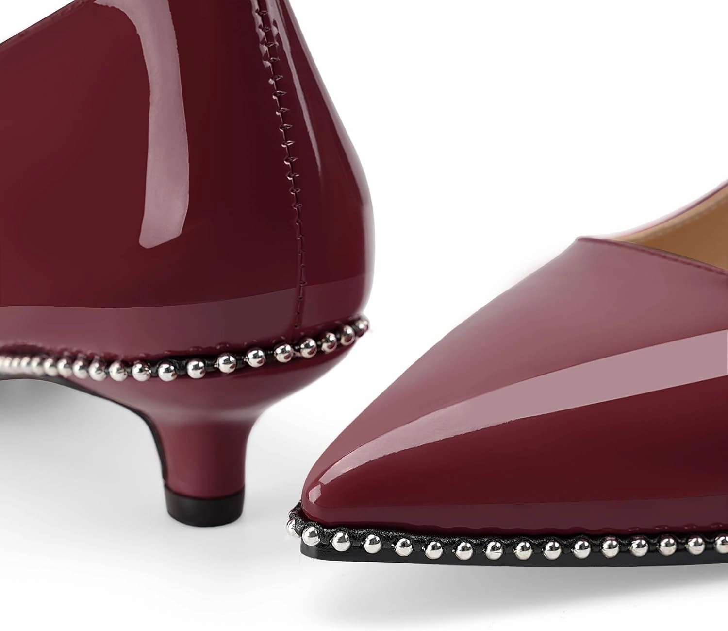 Women's Low Kitten Heels Patent Leather Beaded Pumps Pointed Toe Dressy Mary Jane Heels with Strap Metal Buckle for Ladies Sexy