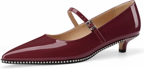 Women's Low Kitten Heels Patent Leather Beaded Pumps Pointed Toe Dressy Mary Jane Heels with Strap Metal Buckle for Ladies Sexy