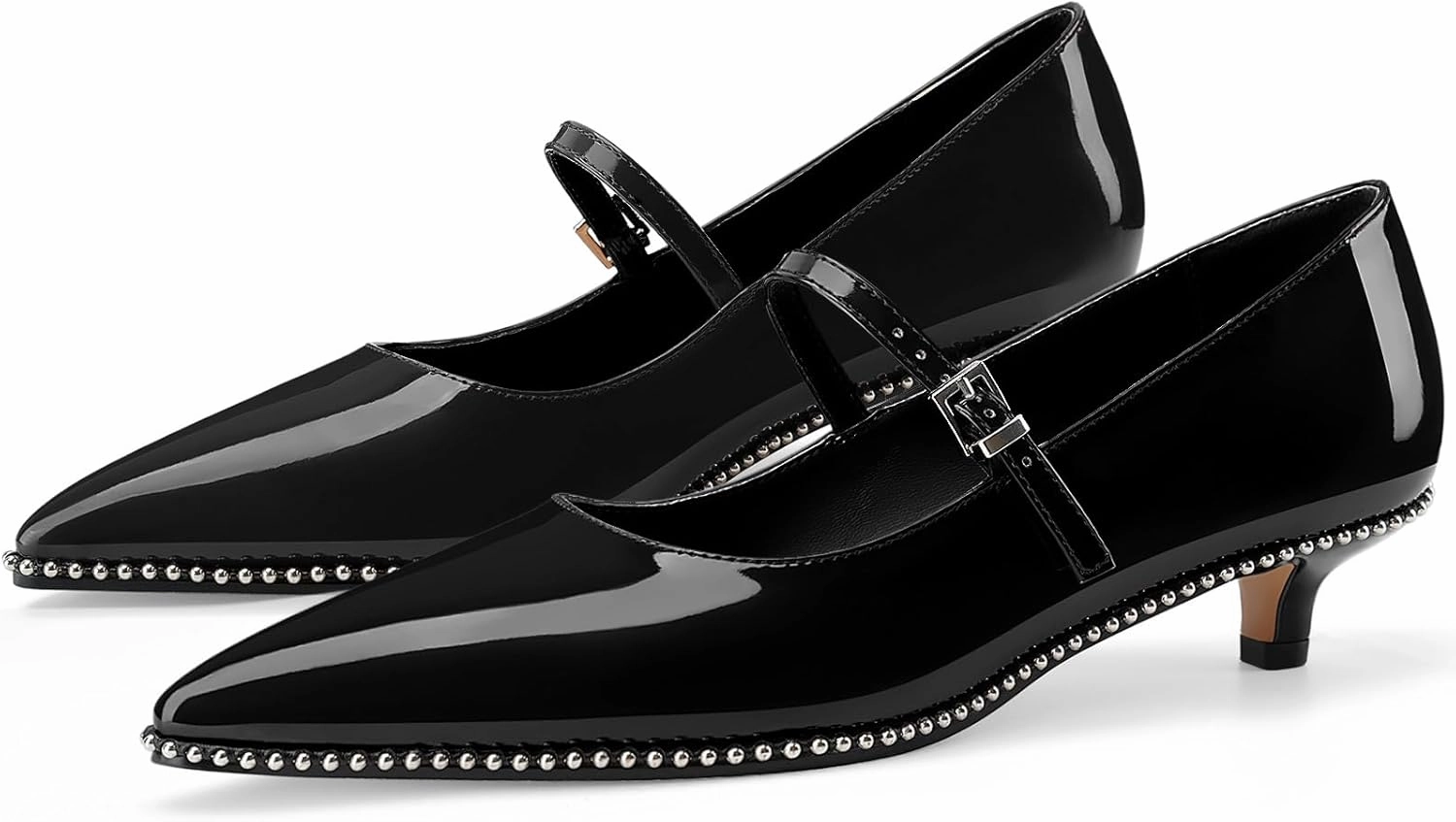 Women's Low Kitten Heels Patent Leather Beaded Pumps Pointed Toe Dressy Mary Jane Heels with Strap Metal Buckle for Ladies Sexy