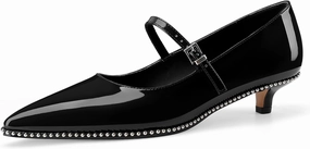 Women's Low Kitten Heels Patent Leather Beaded Pumps Pointed Toe Dressy Mary Jane Heels with Strap Metal Buckle for Ladies Sexy