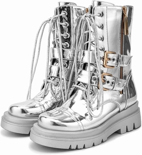 Women's Metallic Mid Calf Boots Platform Chunky Heel Silver Combat Boots Lace up Metal Buckle Zipper