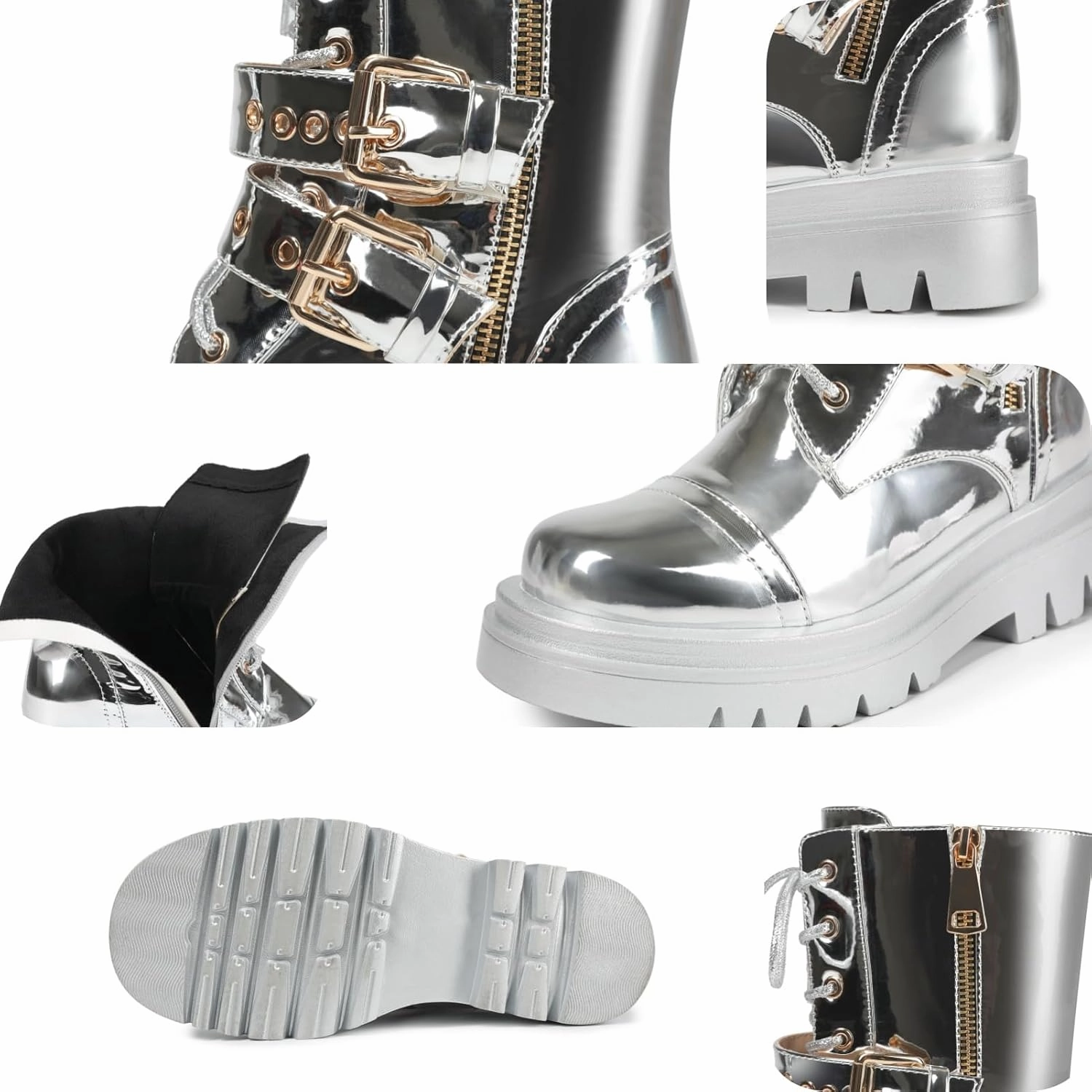 Women's Metallic Mid Calf Boots Platform Chunky Heel Silver Combat Boots Lace up Metal Buckle Zipper