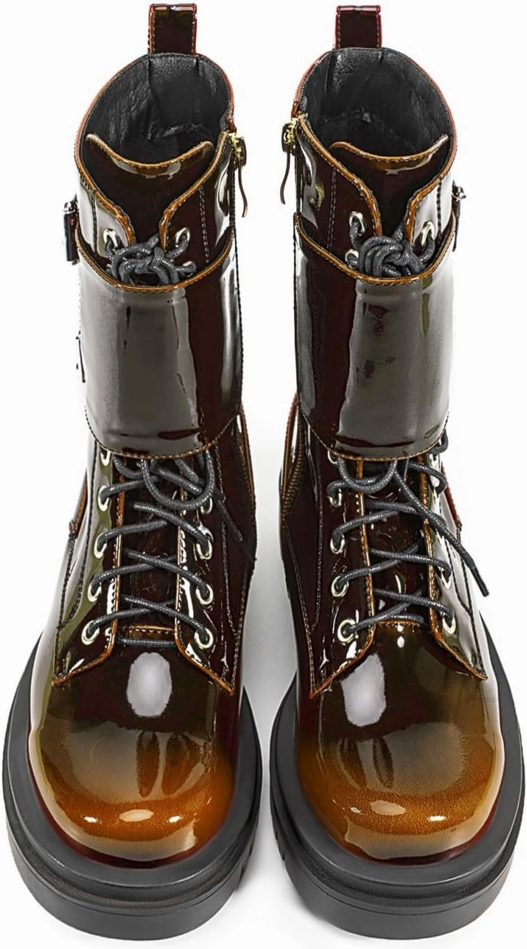 Women's Metallic Mid Calf Boots Platform Chunky Heel Silver Combat Boots Lace up Metal Buckle Zipper