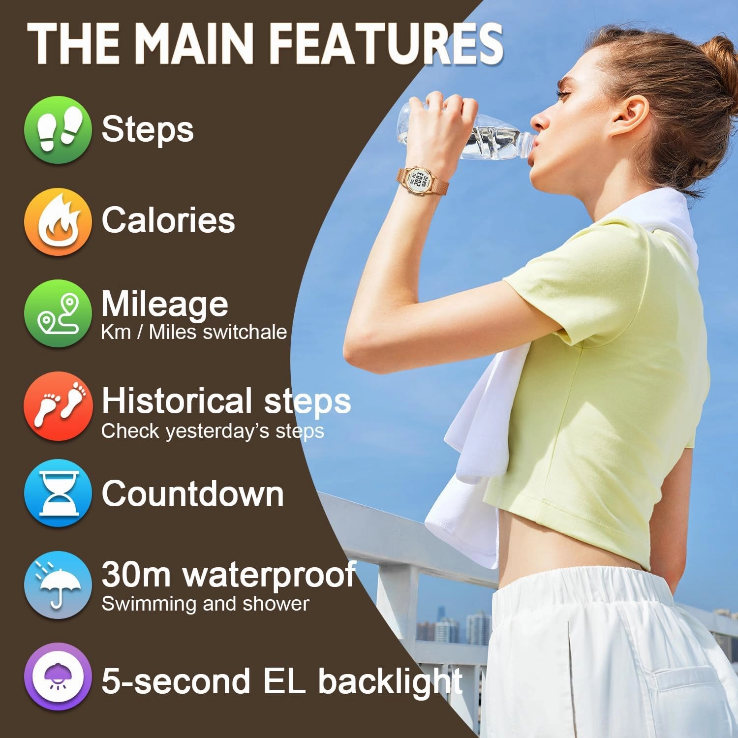 Women's Step Counter Pedometer Watch with Stainless Steel Bracelet, Stylish Design, No App, No Charging Needed for Step, Calorie, Distance, Alarm, Countdown Timer，TU-2401