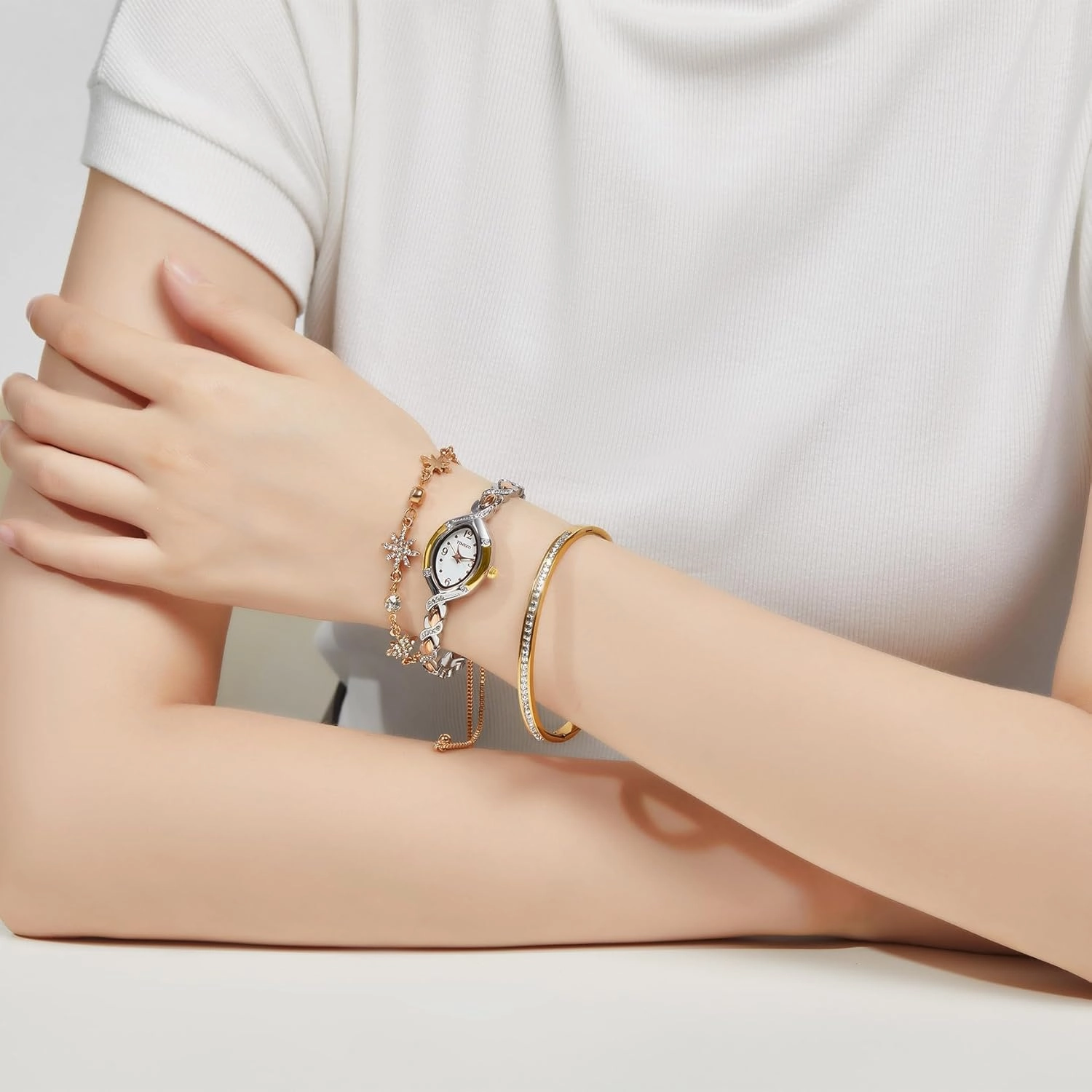 Women's Watch Set Premium Crystal Accented Bangle Watch and Bracelet Watch Gifts for Women