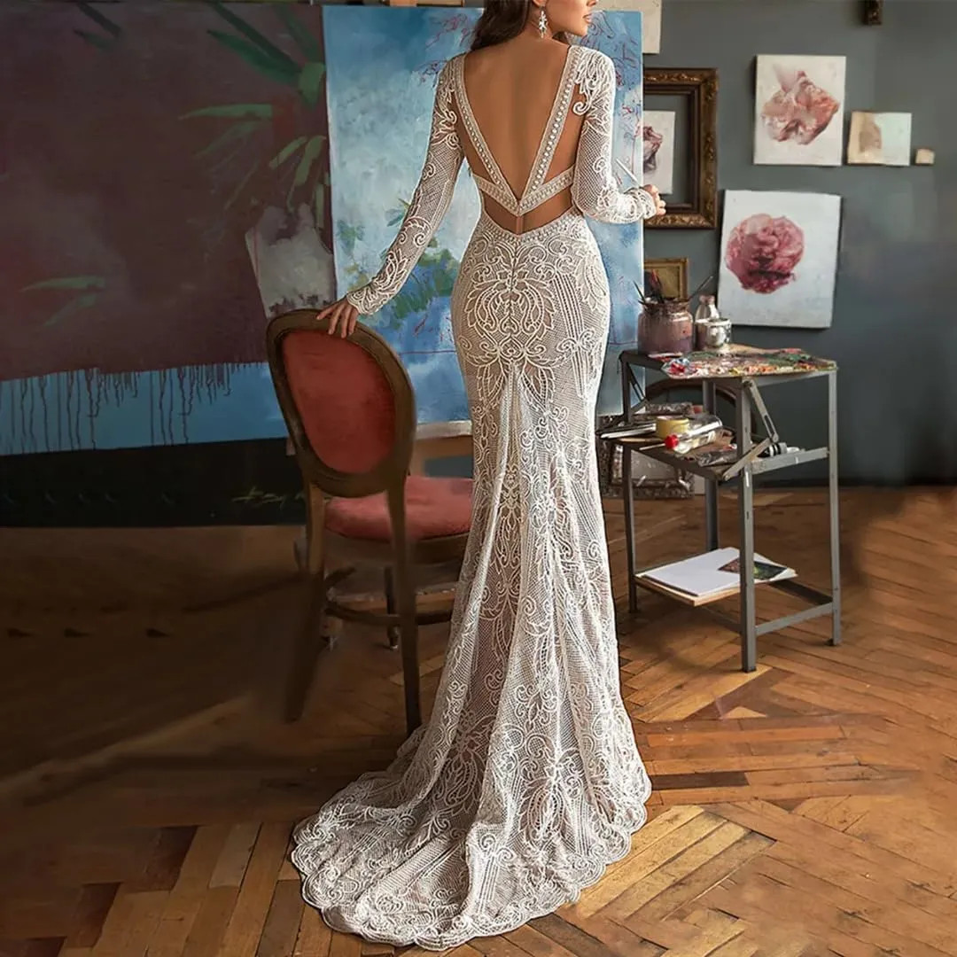 Women's Beach Wedding Dresses for Bride 2024 Vintage Long Sleeves Lace Bohemian Meramaid Bridal Gown