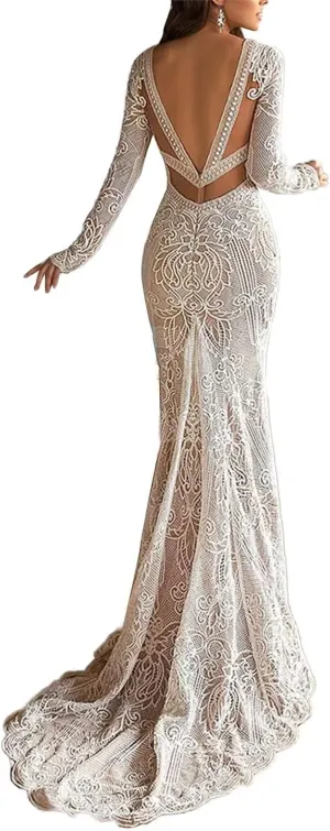 Women's Beach Wedding Dresses for Bride 2024 Vintage Long Sleeves Lace Bohemian Meramaid Bridal Gown