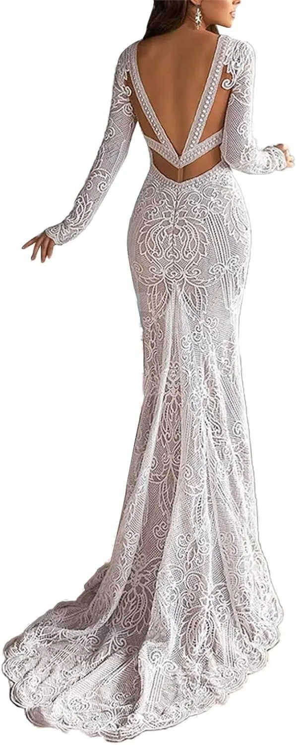 Women's Beach Wedding Dresses for Bride 2024 Vintage Long Sleeves Lace Bohemian Meramaid Bridal Gown