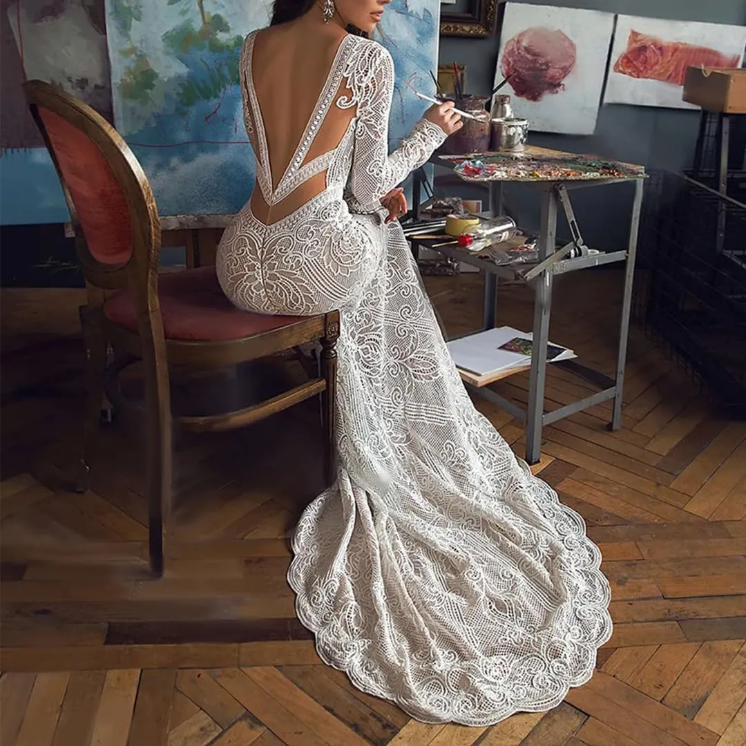 Women's Beach Wedding Dresses for Bride 2024 Vintage Long Sleeves Lace Bohemian Meramaid Bridal Gown
