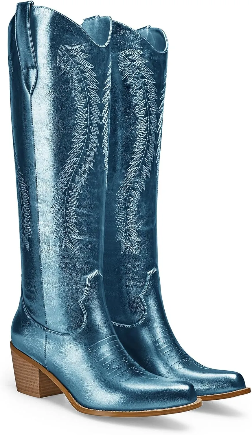 Women's Cowboy Boots Metallic Mid Calf Cowgirl Boots Wide Calf Western Embroidered Sparkly Paty Boots
