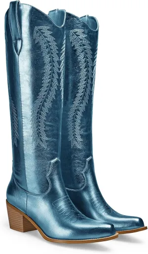 Women's Cowboy Boots Metallic Mid Calf Cowgirl Boots Wide Calf Western Embroidered Sparkly Paty Boots