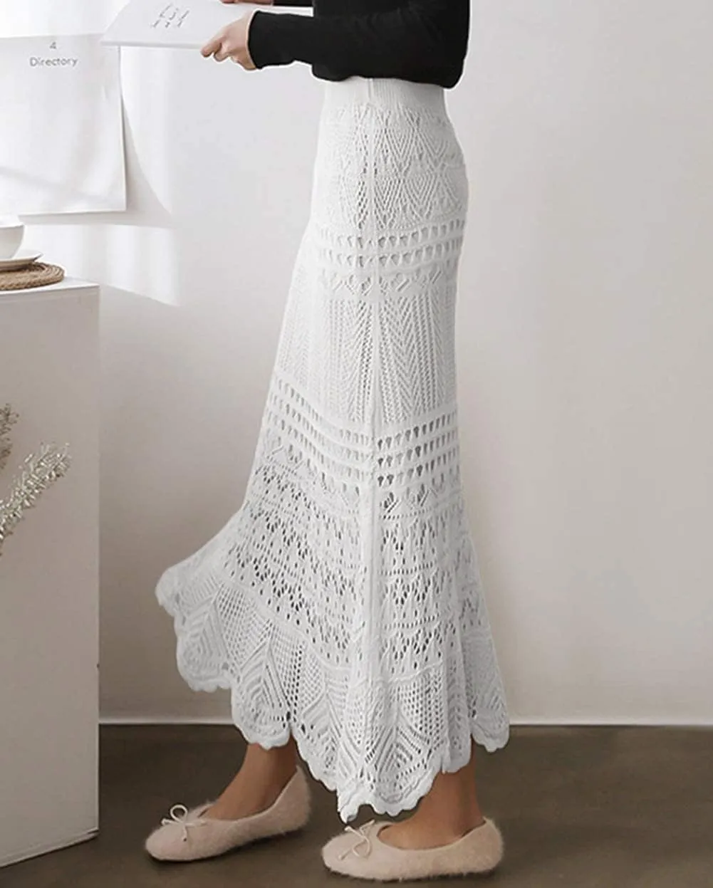 Women's Crochet Knitted Stretchy High Waist Hollow Out Lined Lace Maxi Skirt