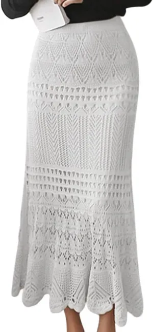 Women's Crochet Knitted Stretchy High Waist Hollow Out Lined Lace Maxi Skirt